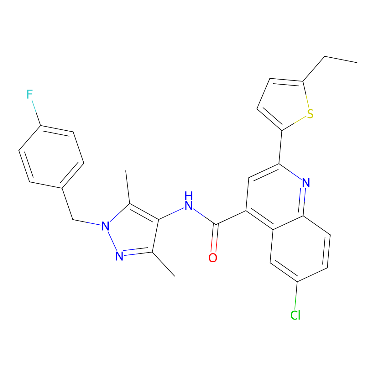 6-chloro-2-(5-ethylthiophen-2-yl)-N-[1-[(4-fluorophenyl)methyl]-3,5-dimethylpyrazol-4-yl]quinoline-4-carboxamide molecular structure, CAS 588683-93-6