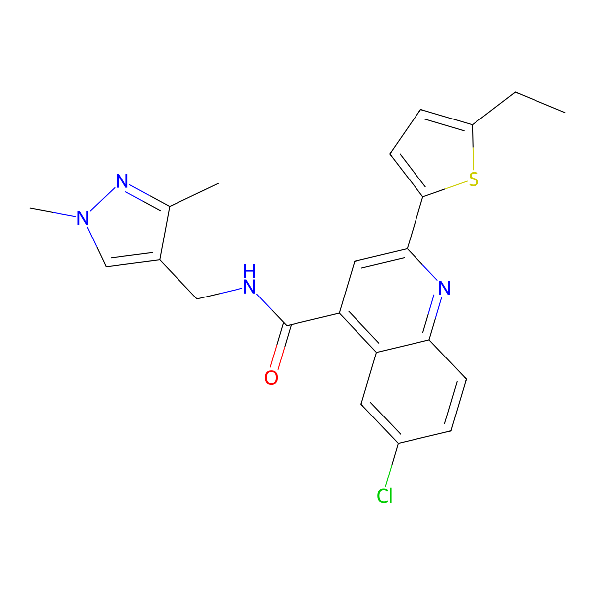 6-chloro-N-[(1,3-dimethylpyrazol-4-yl)methyl]-2-(5-ethylthiophen-2-yl)quinoline-4-carboxamide molecular structure, CAS 588683-96-9