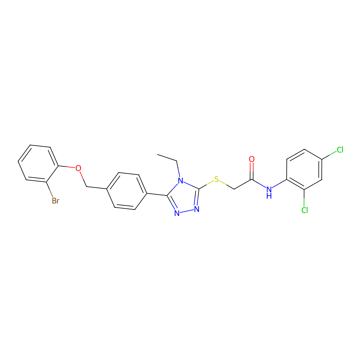 2-[[5-[4-[(2-bromophenoxy)methyl]phenyl]-4-ethyl-1,2,4-triazol-3-yl]sulfanyl]-N-(2,4-dichlorophenyl)acetamide molecular structure, CAS 588684-14-4