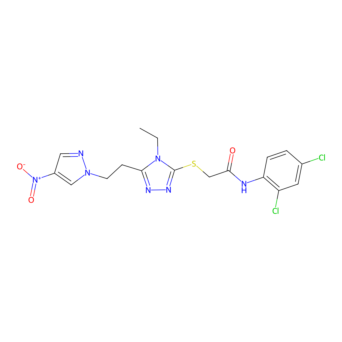 N-(2,4-dichlorophenyl)-2-[[4-ethyl-5-[2-(4-nitropyrazol-1-yl)ethyl]-1,2,4-triazol-3-yl]sulfanyl]acetamide molecular structure, CAS 588684-15-5