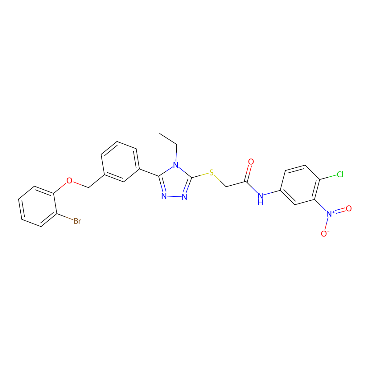 2-[[5-[3-[(2-bromophenoxy)methyl]phenyl]-4-ethyl-1,2,4-triazol-3-yl]sulfanyl]-N-(4-chloro-3-nitrophenyl)acetamide molecular structure, CAS 588684-32-6