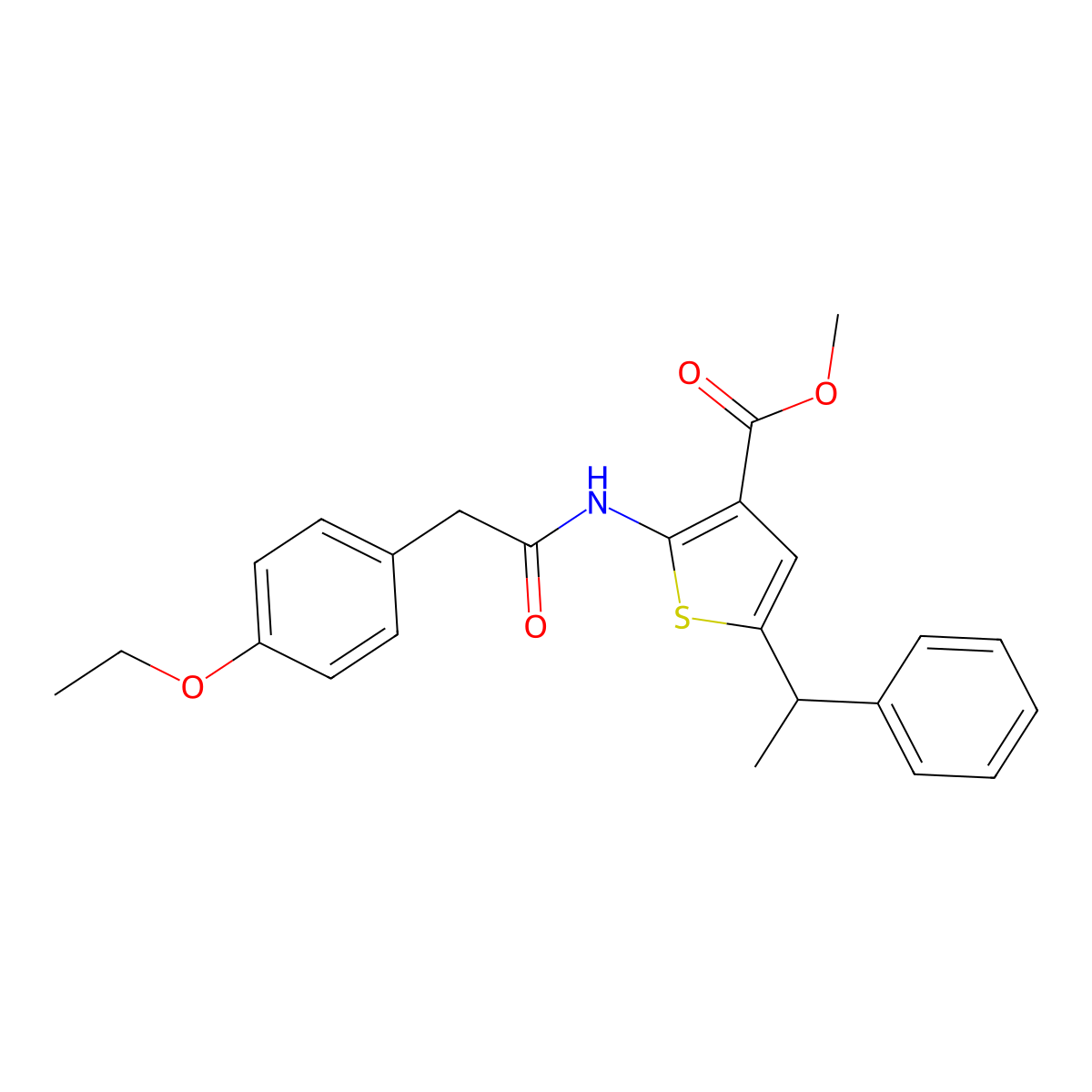 Methyl 2-{[(4-ethoxyphenyl)acetyl]amino}-5-(1-phenylethyl)thiophene-3-carboxylate molecular structure, CAS 588684-50-8