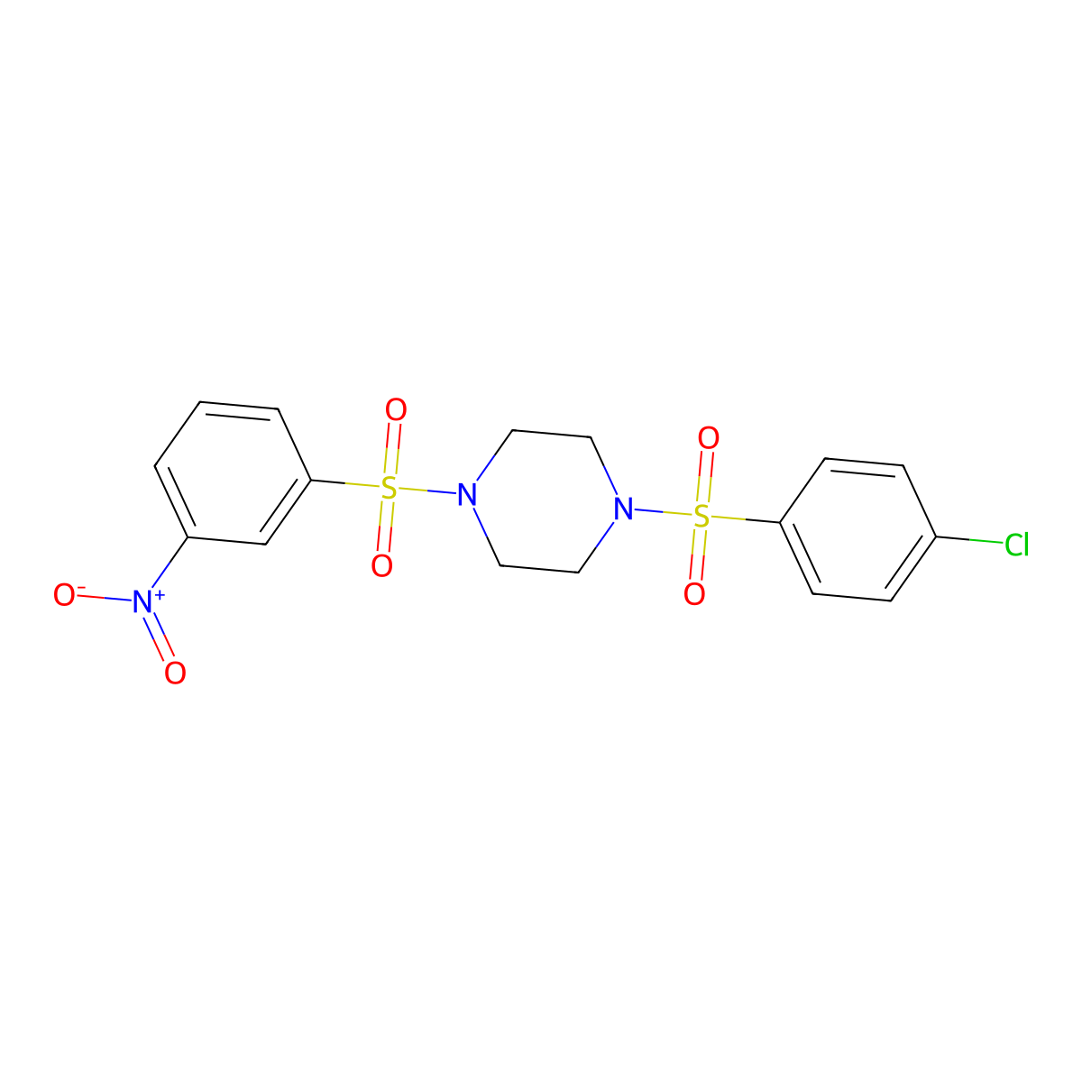 1-(4-Chlorophenyl)sulfonyl-4-(3-nitrophenyl)sulfonylpiperazine molecular structure, CAS 588684-68-8