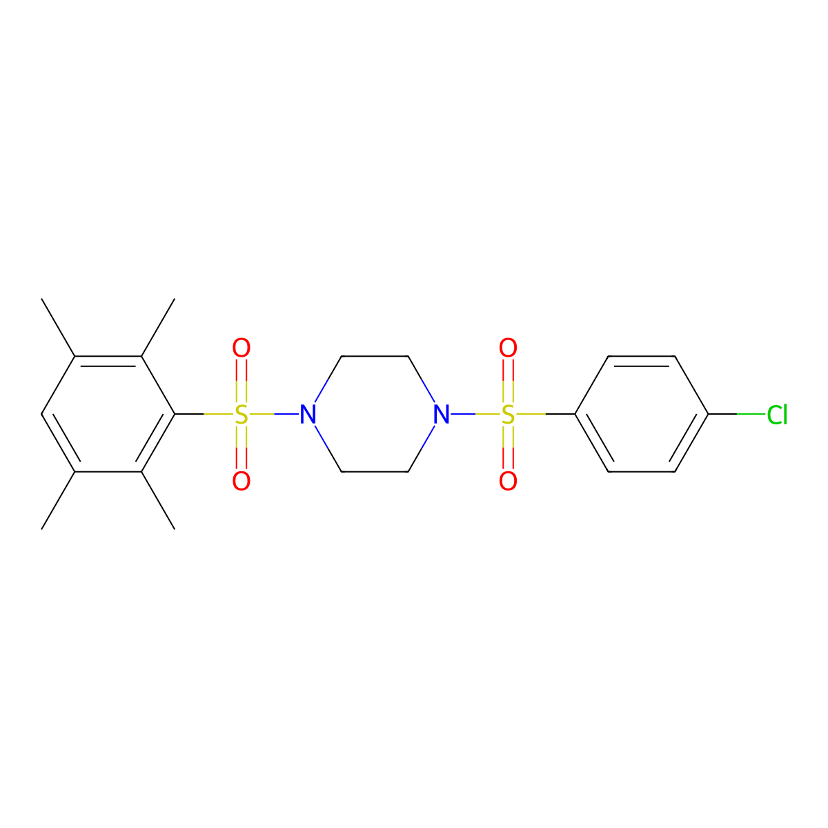 1-(4-Chlorophenyl)sulfonyl-4-(2,3,5,6-tetramethylphenyl)sulfonylpiperazine molecular structure, CAS 588684-69-9