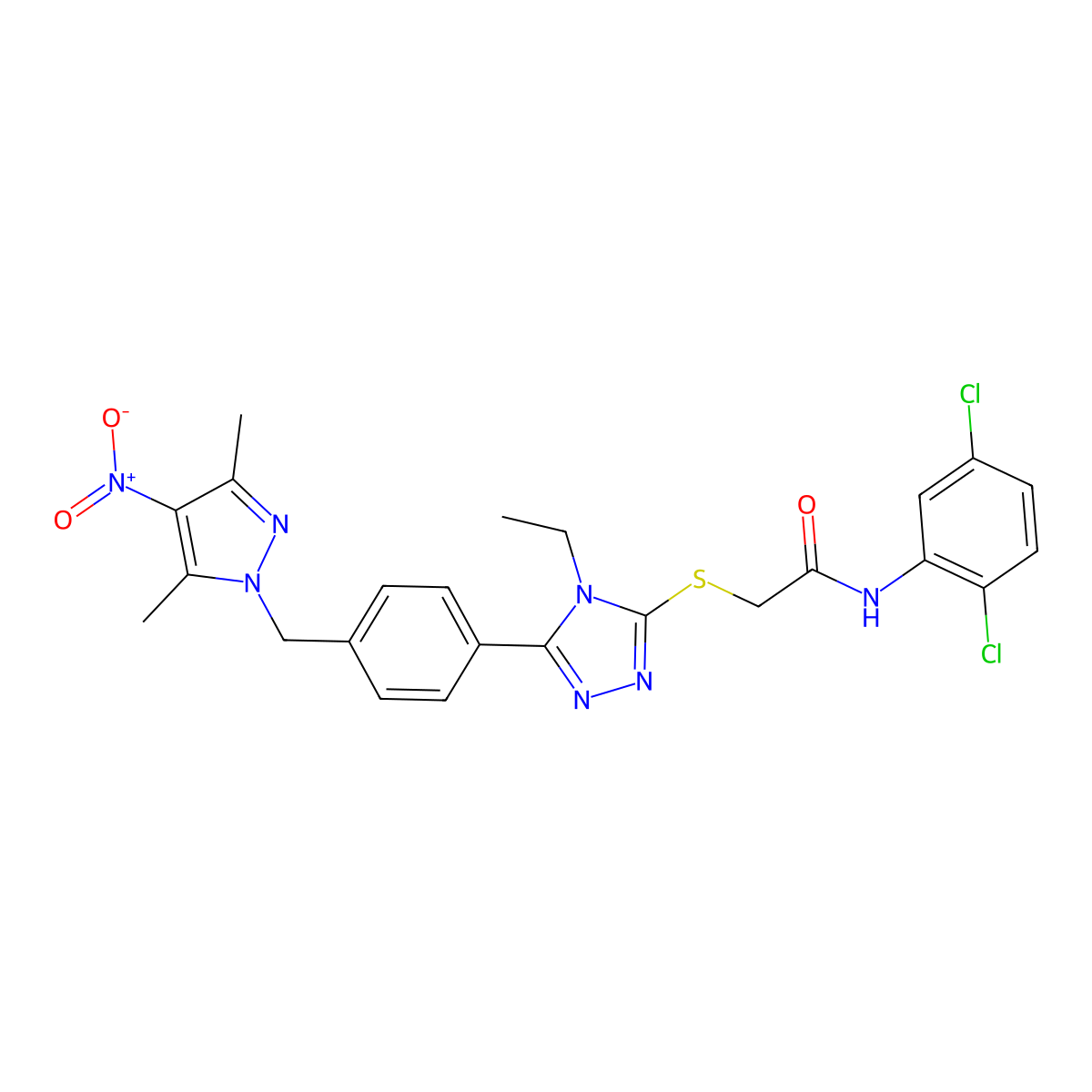 N-(2,5-dichlorophenyl)-2-[[5-[4-[(3,5-dimethyl-4-nitropyrazol-1-yl)methyl]phenyl]-4-ethyl-1,2,4-triazol-3-yl]sulfanyl]acetamide molecular structure, CAS 588684-84-8
