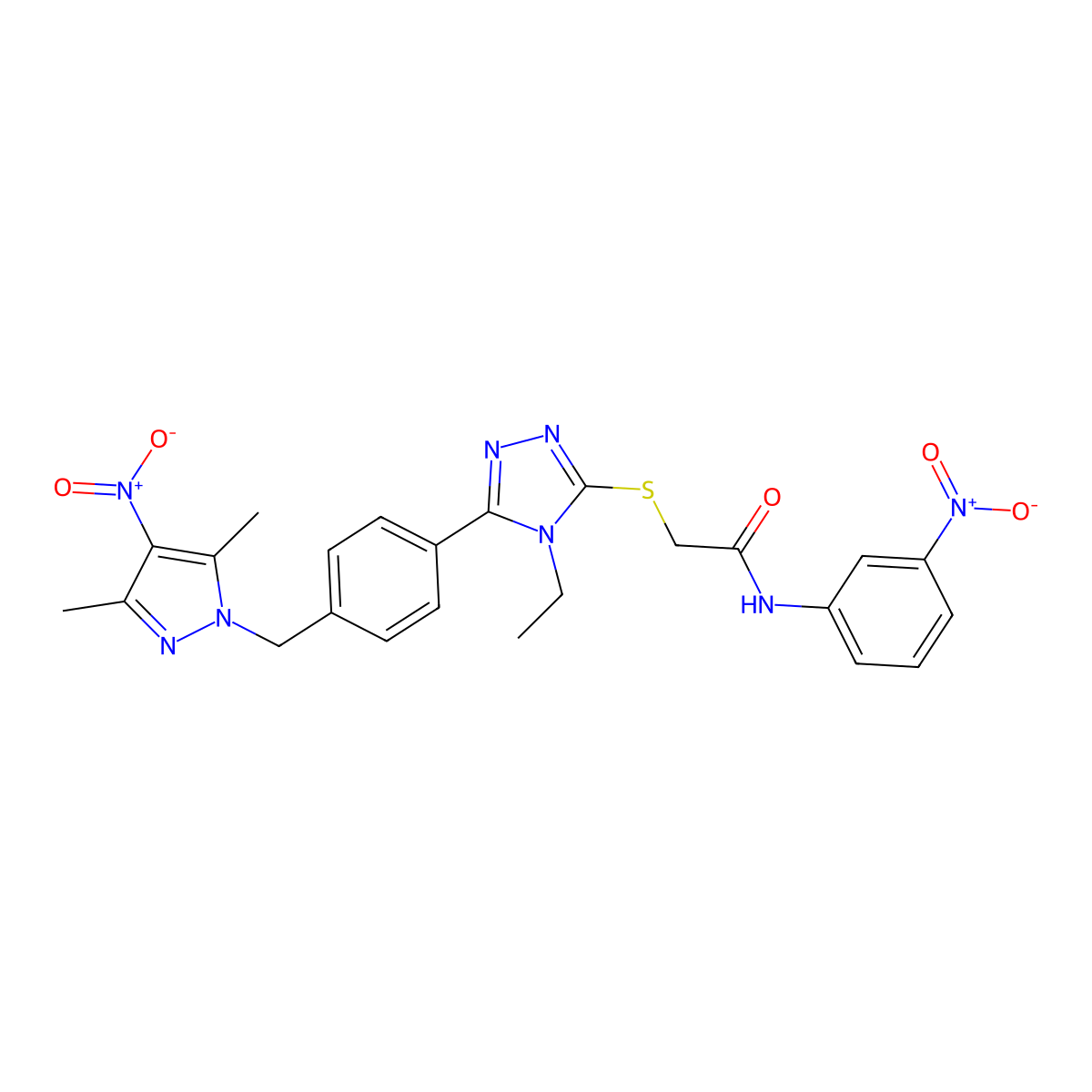 2-[[5-[4-[(3,5-dimethyl-4-nitropyrazol-1-yl)methyl]phenyl]-4-ethyl-1,2,4-triazol-3-yl]sulfanyl]-N-(3-nitrophenyl)acetamide molecular structure, CAS 588684-87-1