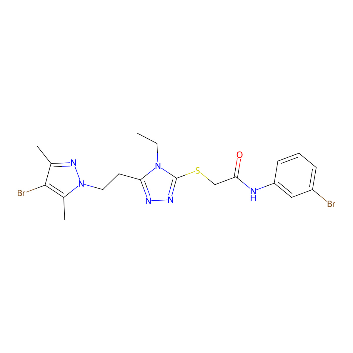 2-[[5-[2-(4-bromo-3,5-dimethylpyrazol-1-yl)ethyl]-4-ethyl-1,2,4-triazol-3-yl]sulfanyl]-N-(3-bromophenyl)acetamide molecular structure, CAS 588684-89-3