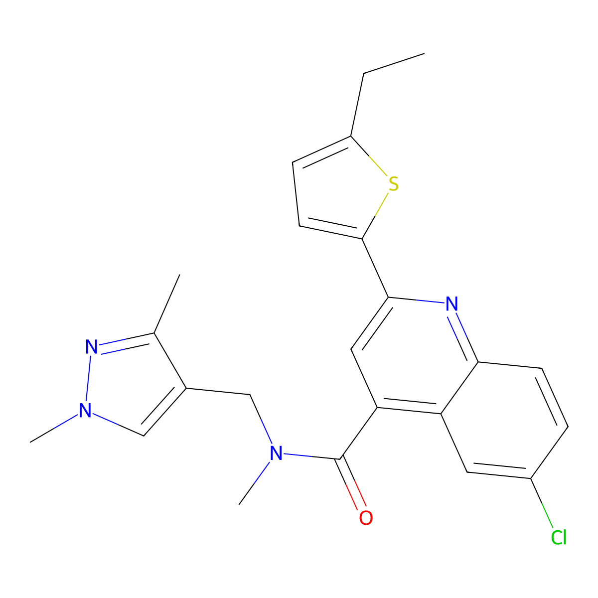 6-chloro-N-[(1,3-dimethylpyrazol-4-yl)methyl]-2-(5-ethylthiophen-2-yl)-N-methylquinoline-4-carboxamide molecular structure, CAS 588684-96-2