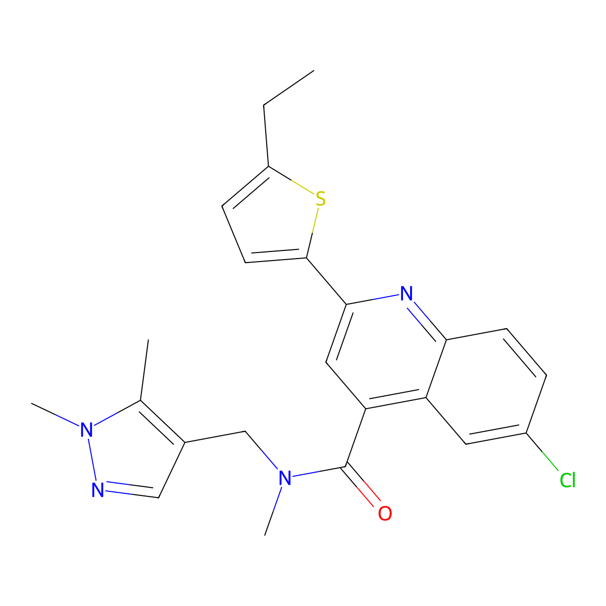 6-chloro-N-[(1,5-dimethylpyrazol-4-yl)methyl]-2-(5-ethylthiophen-2-yl)-N-methylquinoline-4-carboxamide molecular structure, CAS 588685-05-6
