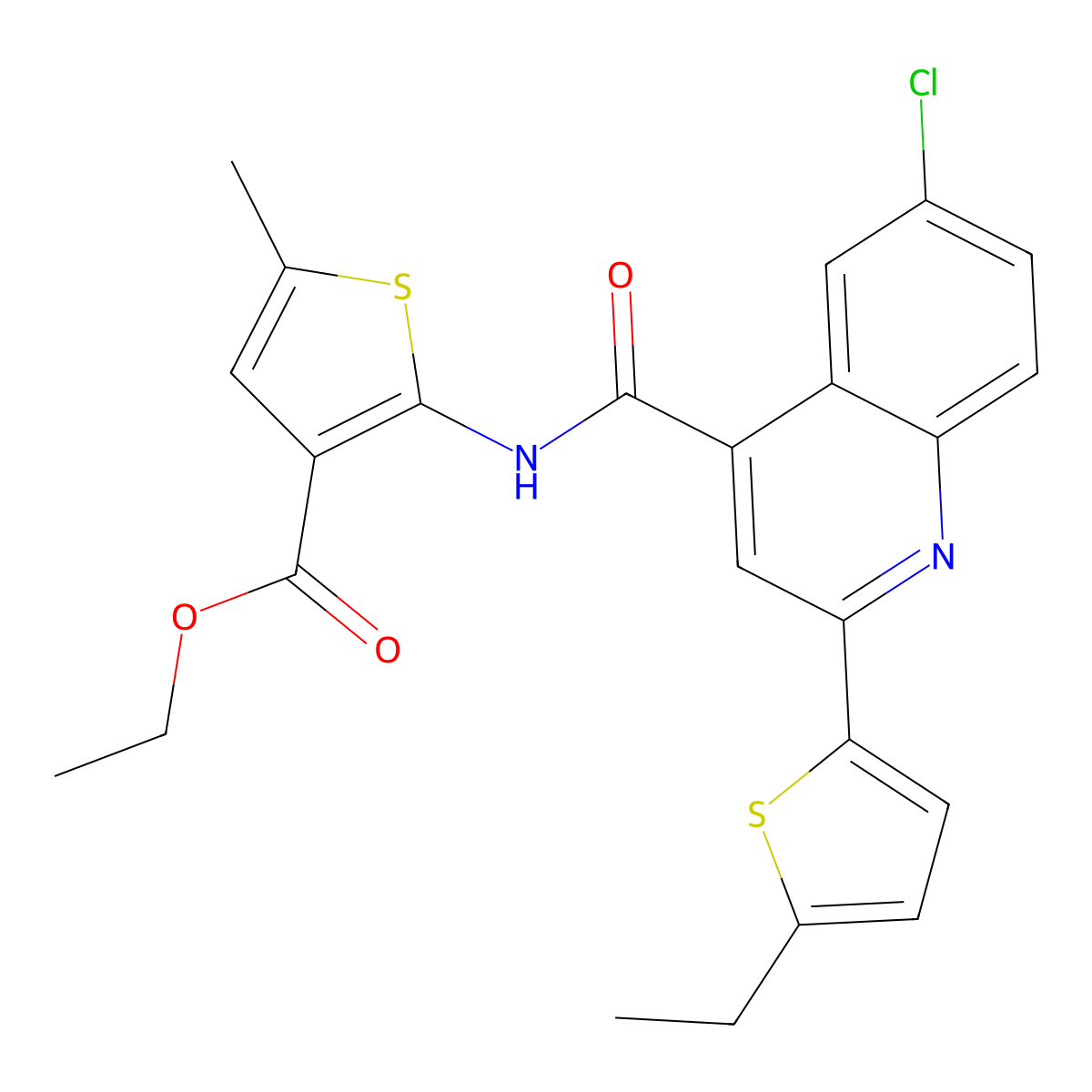 Ethyl 2-({[6-chloro-2-(5-ethylthiophen-2-yl)quinolin-4-yl]carbonyl}amino)-5-methylthiophene-3-carboxylate molecular structure, CAS 588685-22-7
