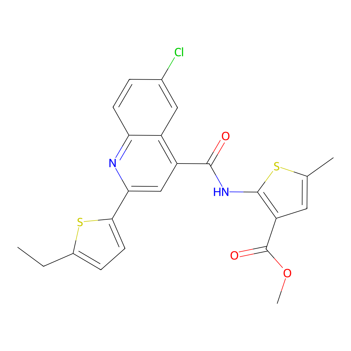 Methyl 2-({[6-chloro-2-(5-ethylthiophen-2-yl)quinolin-4-yl]carbonyl}amino)-5-methylthiophene-3-carboxylate molecular structure, CAS 588685-24-9