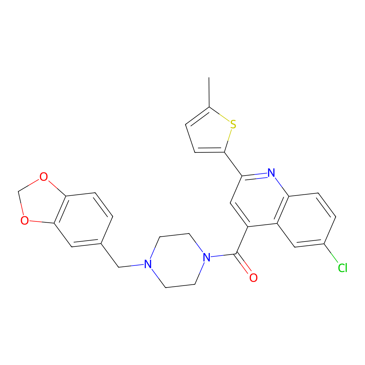 [4-(1,3-Benzodioxol-5-ylmethyl)piperazin-1-yl]-[6-chloro-2-(5-methylthiophen-2-yl)quinolin-4-yl]methanone molecular structure, CAS 588685-28-3
