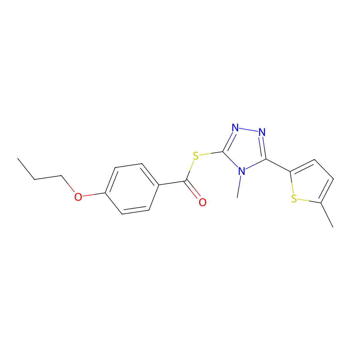 S-[4-methyl-5-(5-methylthiophen-2-yl)-4H-1,2,4-triazol-3-yl] 4-propoxybenzenecarbothioate molecular structure, CAS 588685-48-7