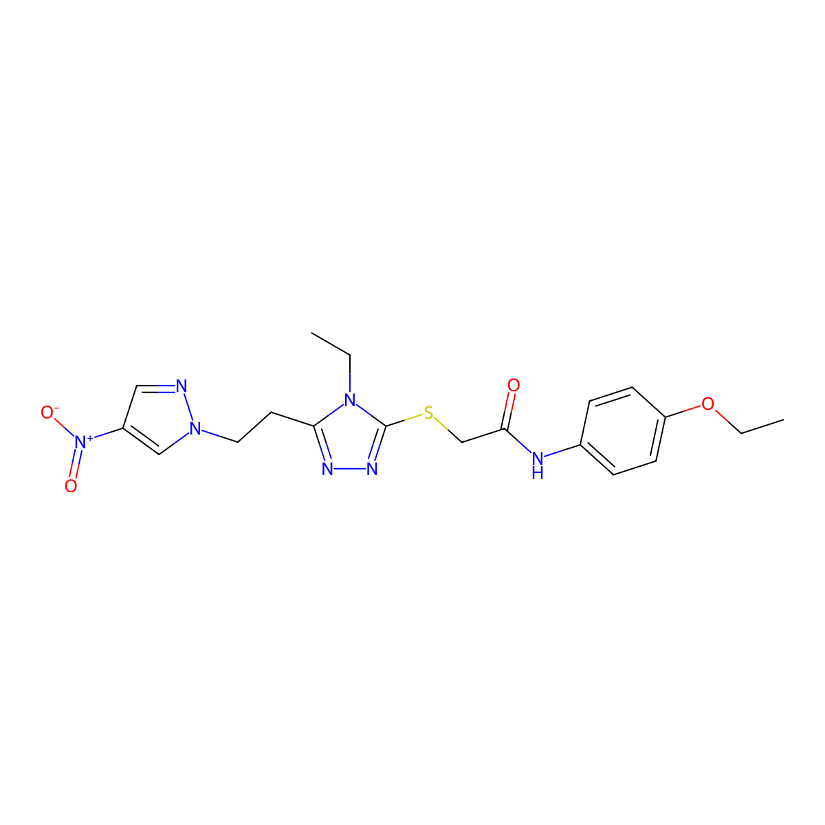 N-(4-ethoxyphenyl)-2-[[4-ethyl-5-[2-(4-nitropyrazol-1-yl)ethyl]-1,2,4-triazol-3-yl]sulfanyl]acetamide molecular structure, CAS 588685-71-6