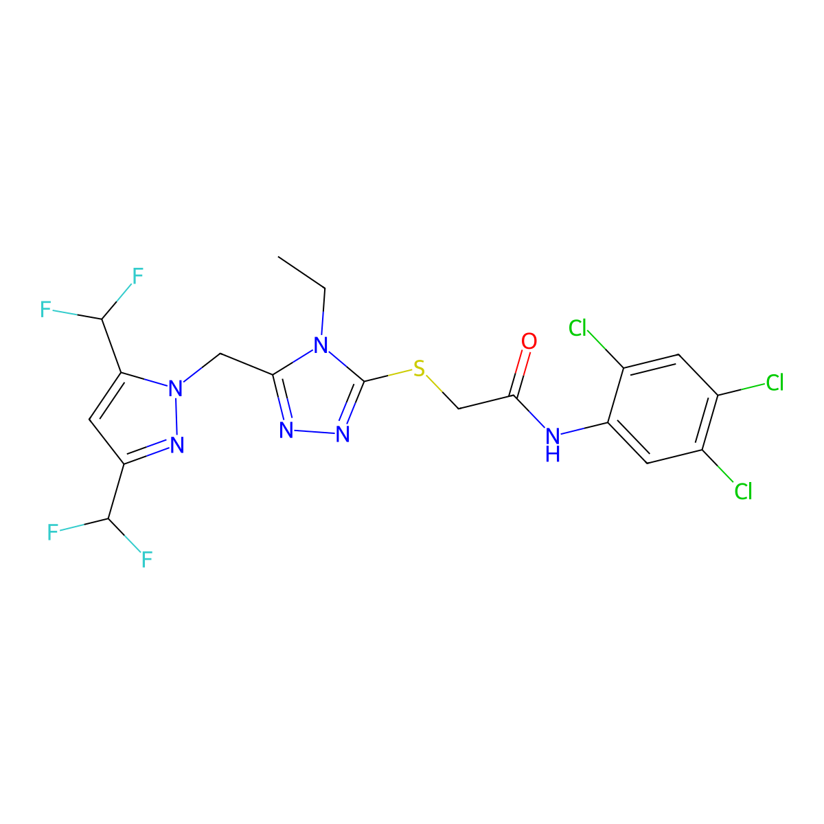 2-[[5-[[3,5-bis(difluoromethyl)pyrazol-1-yl]methyl]-4-ethyl-1,2,4-triazol-3-yl]sulfanyl]-N-(2,4,5-trichlorophenyl)acetamide molecular structure, CAS 588685-79-4
