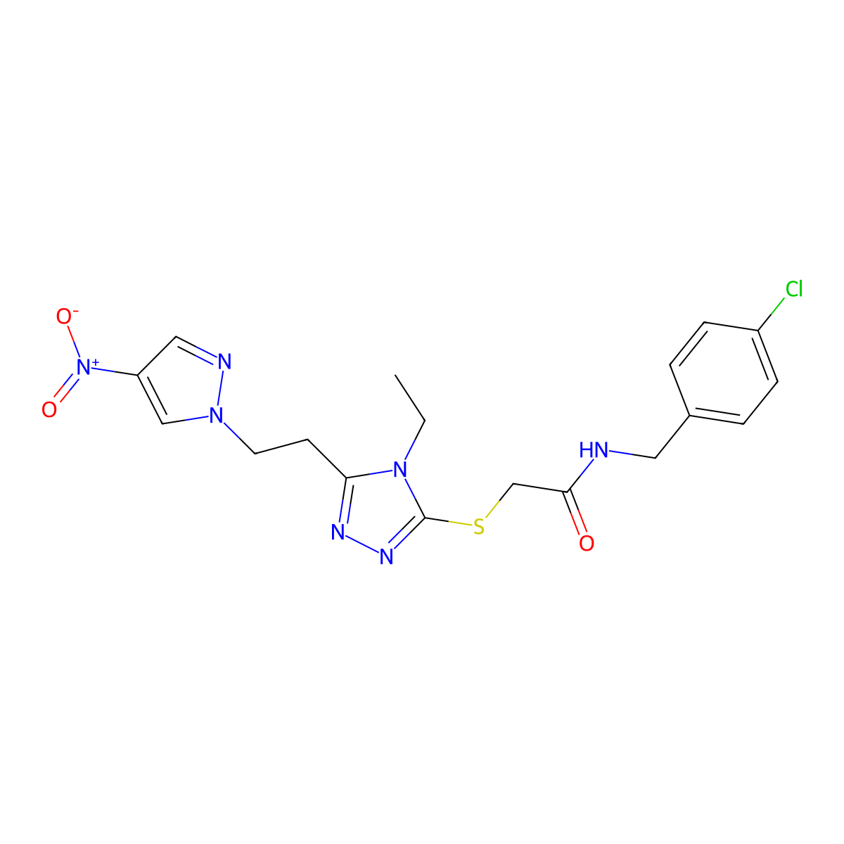 N-[(4-chlorophenyl)methyl]-2-[[4-ethyl-5-[2-(4-nitropyrazol-1-yl)ethyl]-1,2,4-triazol-3-yl]sulfanyl]acetamide molecular structure, CAS 588686-13-9