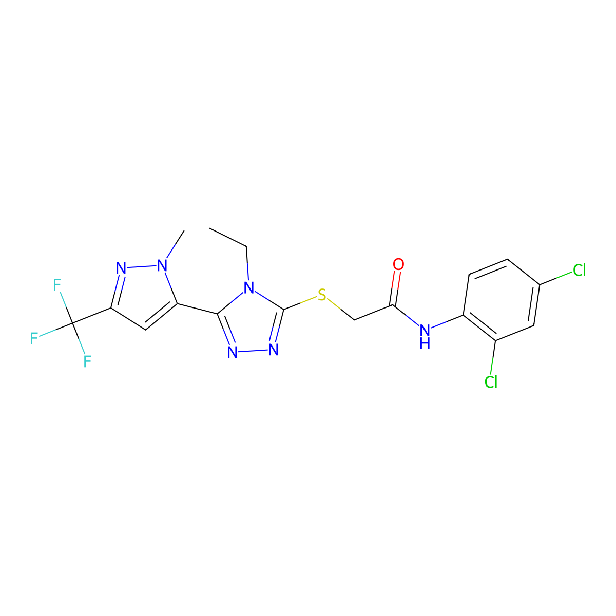 N-(2,4-dichlorophenyl)-2-[[4-ethyl-5-[2-methyl-5-(trifluoromethyl)pyrazol-3-yl]-1,2,4-triazol-3-yl]sulfanyl]acetamide molecular structure, CAS 588686-21-9
