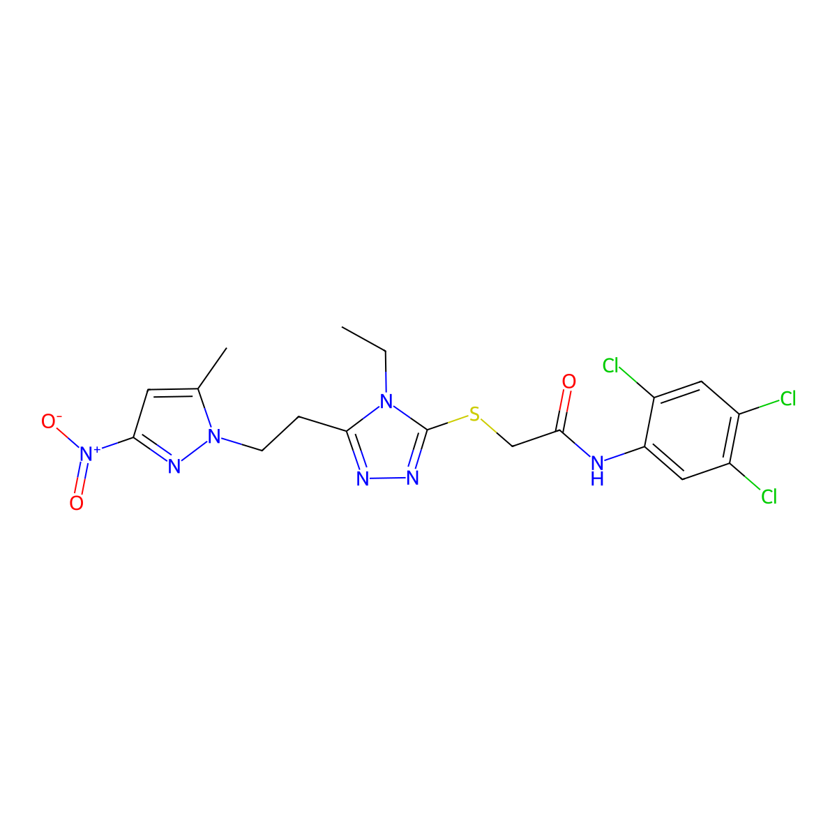2-[[4-ethyl-5-[2-(5-methyl-3-nitropyrazol-1-yl)ethyl]-1,2,4-triazol-3-yl]sulfanyl]-N-(2,4,5-trichlorophenyl)acetamide molecular structure, CAS 588686-27-5