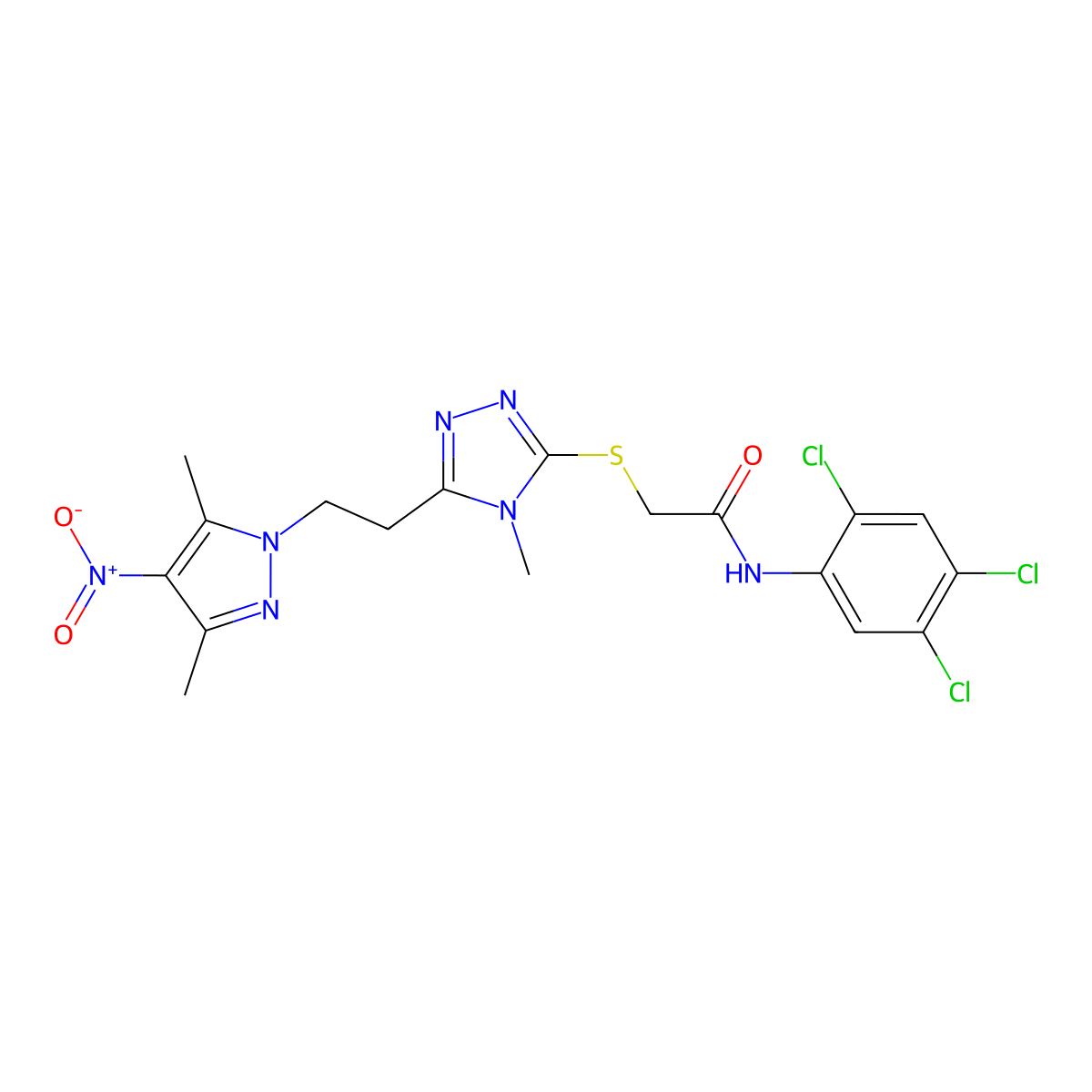 2-[[5-[2-(3,5-dimethyl-4-nitropyrazol-1-yl)ethyl]-4-methyl-1,2,4-triazol-3-yl]sulfanyl]-N-(2,4,5-trichlorophenyl)acetamide molecular structure, CAS 588686-79-7