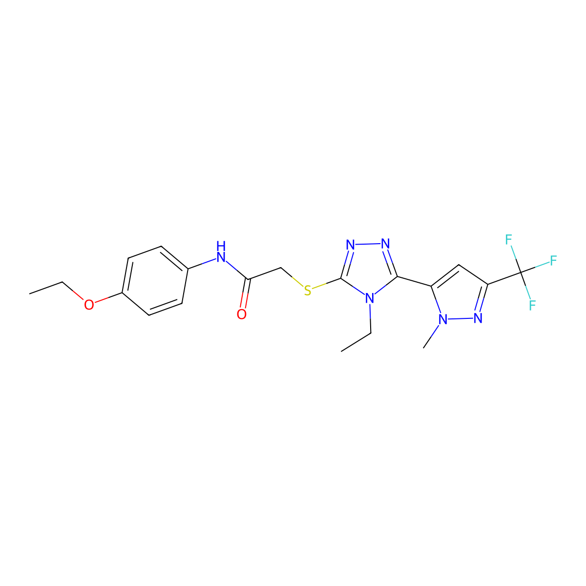 N-(4-ethoxyphenyl)-2-[[4-ethyl-5-[2-methyl-5-(trifluoromethyl)pyrazol-3-yl]-1,2,4-triazol-3-yl]sulfanyl]acetamide molecular structure, CAS 588686-91-3