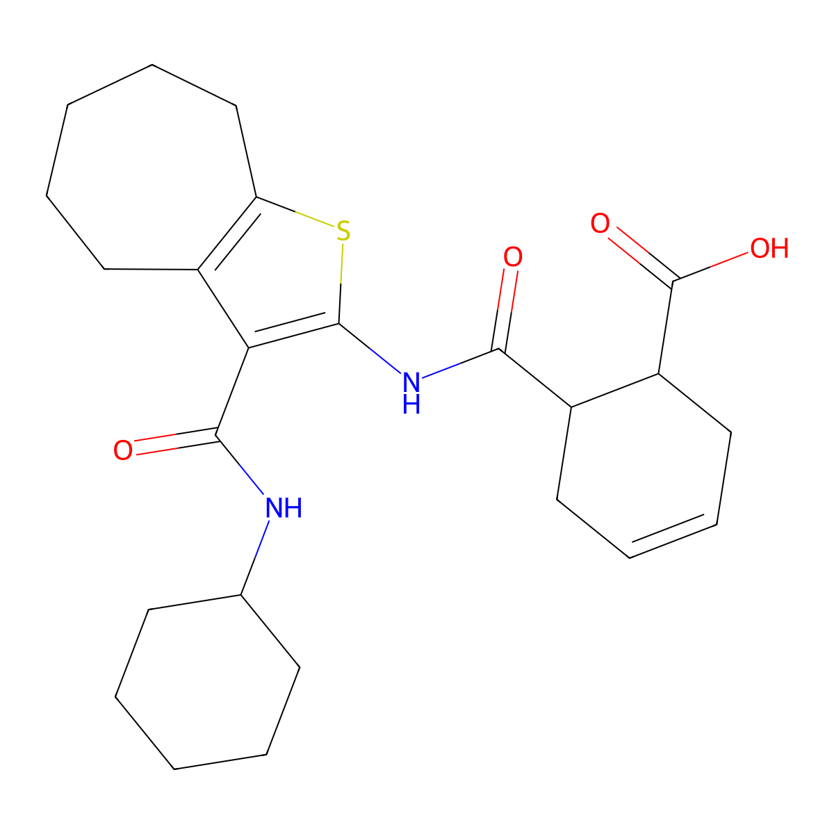 6-{[3-(cyclohexylcarbamoyl)-5,6,7,8-tetrahydro-4H-cyclohepta[b]thiophen-2-yl]carbamoyl}cyclohex-3-ene-1-carboxylic acid molecular structure, CAS 588686-95-7