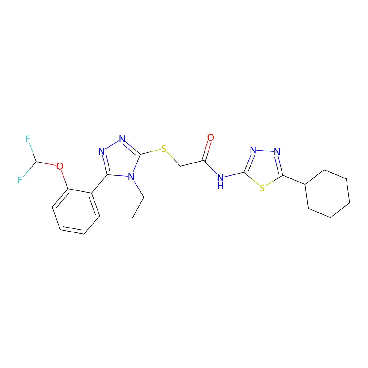 N-(5-cyclohexyl-1,3,4-thiadiazol-2-yl)-2-[[5-[2-(difluoromethoxy)phenyl]-4-ethyl-1,2,4-triazol-3-yl]sulfanyl]acetamide molecular structure, CAS 588686-97-9