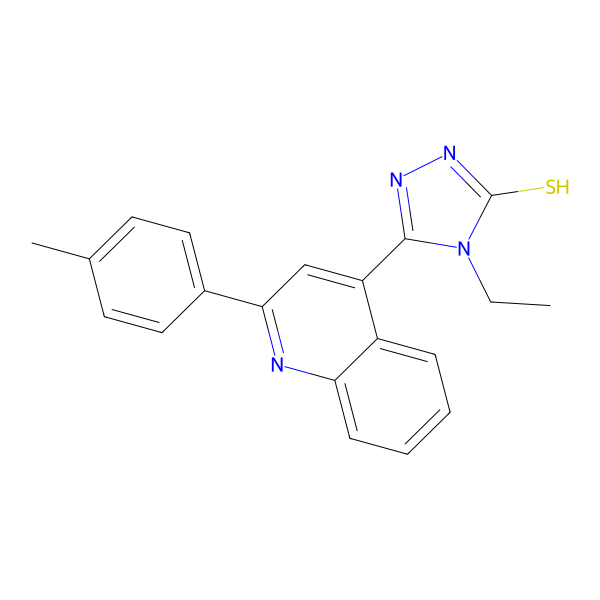 4-ethyl-5-[2-(4-methylphenyl)quinolin-4-yl]-4H-1,2,4-triazole-3-thiol molecular structure, CAS 588687-17-6