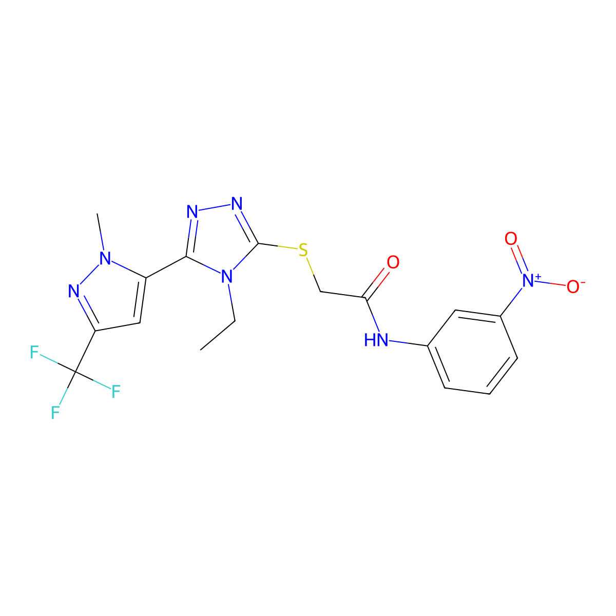 2-[[4-ethyl-5-[2-methyl-5-(trifluoromethyl)pyrazol-3-yl]-1,2,4-triazol-3-yl]sulfanyl]-N-(3-nitrophenyl)acetamide molecular structure, CAS 588687-70-1