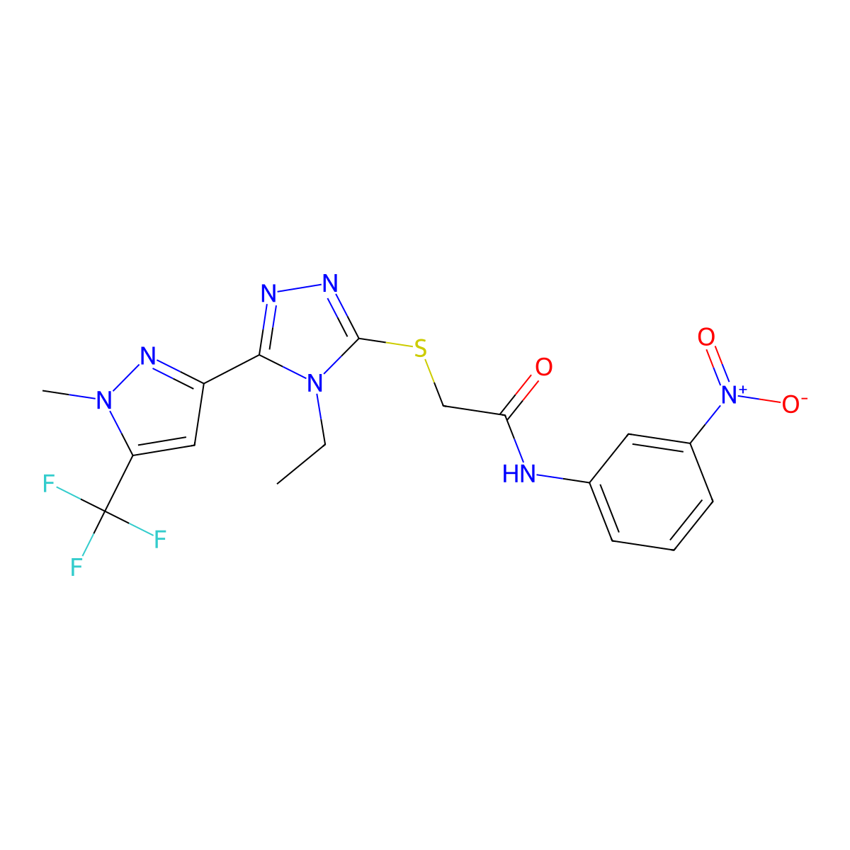 2-[[4-ethyl-5-[1-methyl-5-(trifluoromethyl)pyrazol-3-yl]-1,2,4-triazol-3-yl]sulfanyl]-N-(3-nitrophenyl)acetamide molecular structure, CAS 588687-75-6