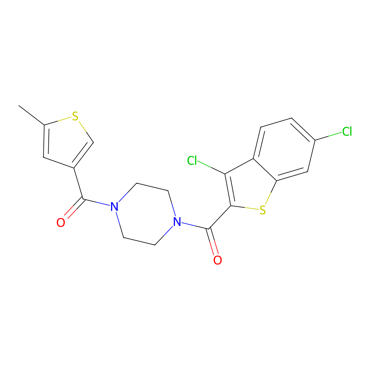 (3,6-Dichloro-1-benzothiophen-2-yl){4-[(5-methylthiophen-3-yl)carbonyl]piperazin-1-yl}methanone molecular structure, CAS 588687-80-3