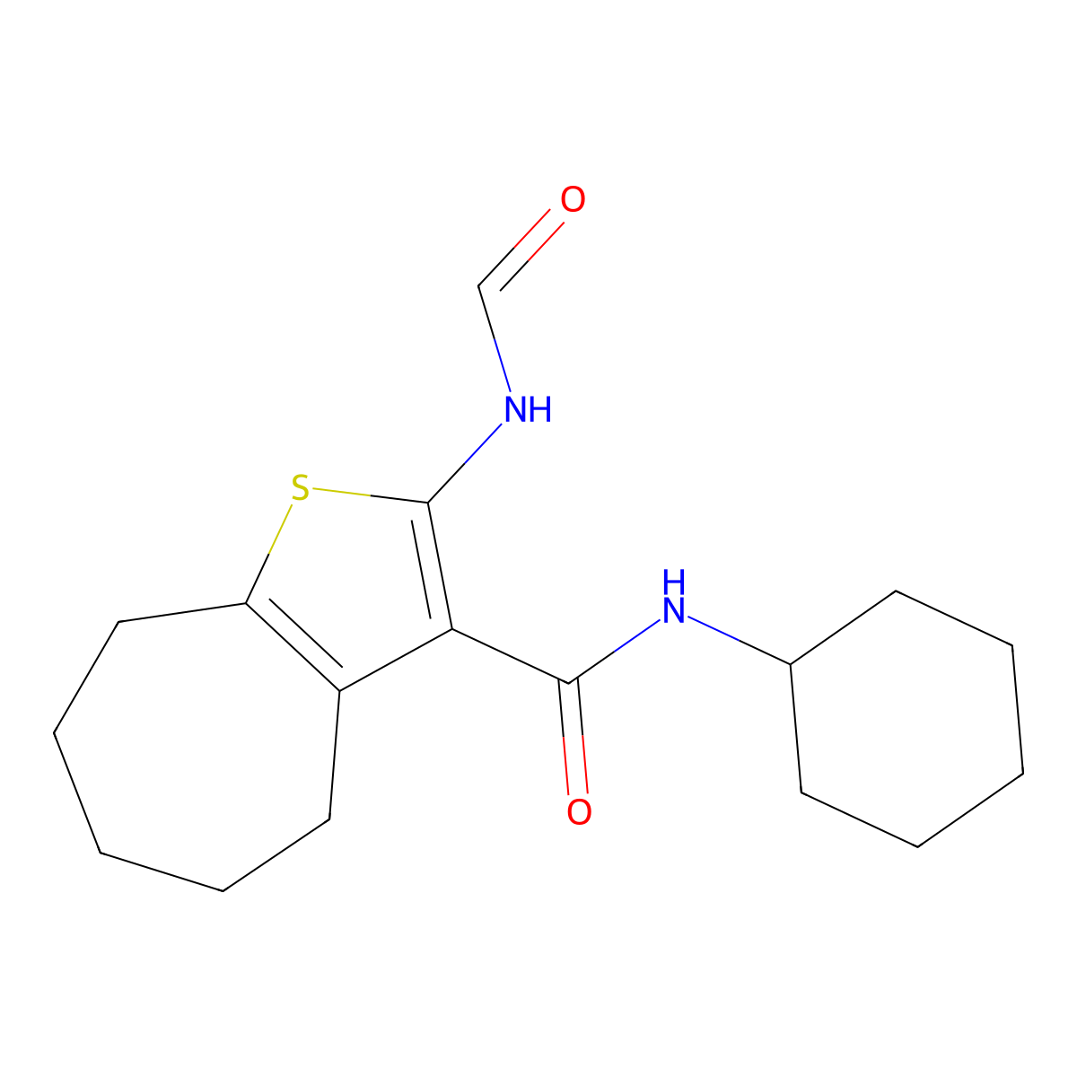 N-cyclohexyl-2-formamido-5,6,7,8-tetrahydro-4H-cyclohepta[b]thiophene-3-carboxamide molecular structure, CAS 588688-08-8