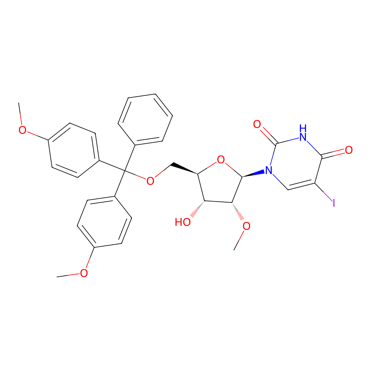 5'-O-[Bis(4-methoxyphenyl)phenylmethyl]-5-iodo-2'-O-methyl-uridine molecular structure, CAS 588691-24-1