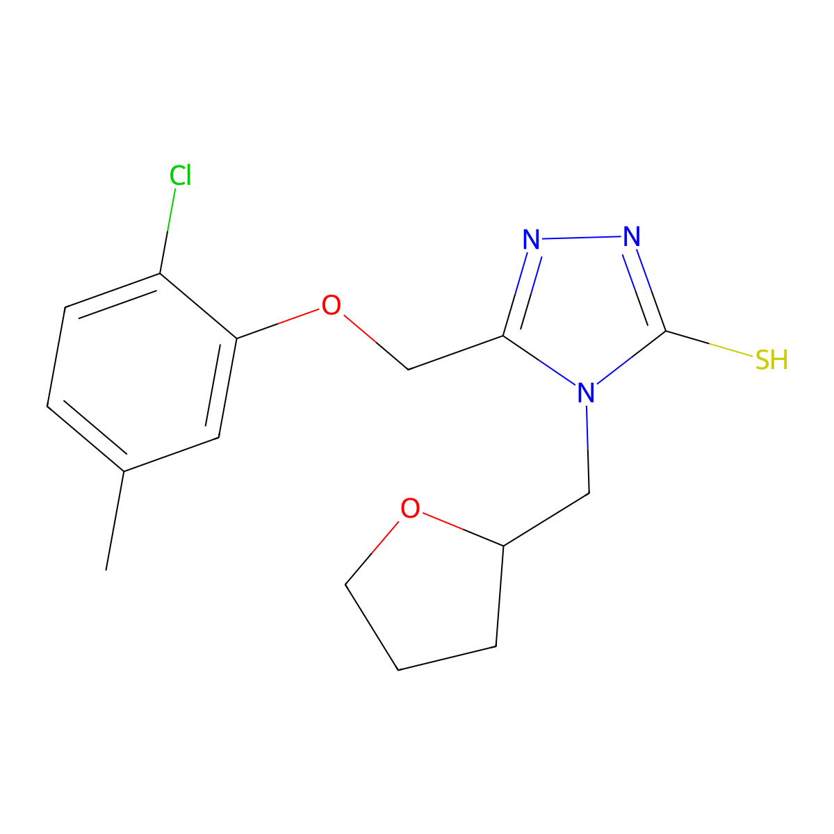 5-[(2-chloro-5-methylphenoxy)methyl]-4-(tetrahydrofuran-2-ylmethyl)-4H-1,2,4-triazole-3-thiol molecular structure, CAS 588692-14-2