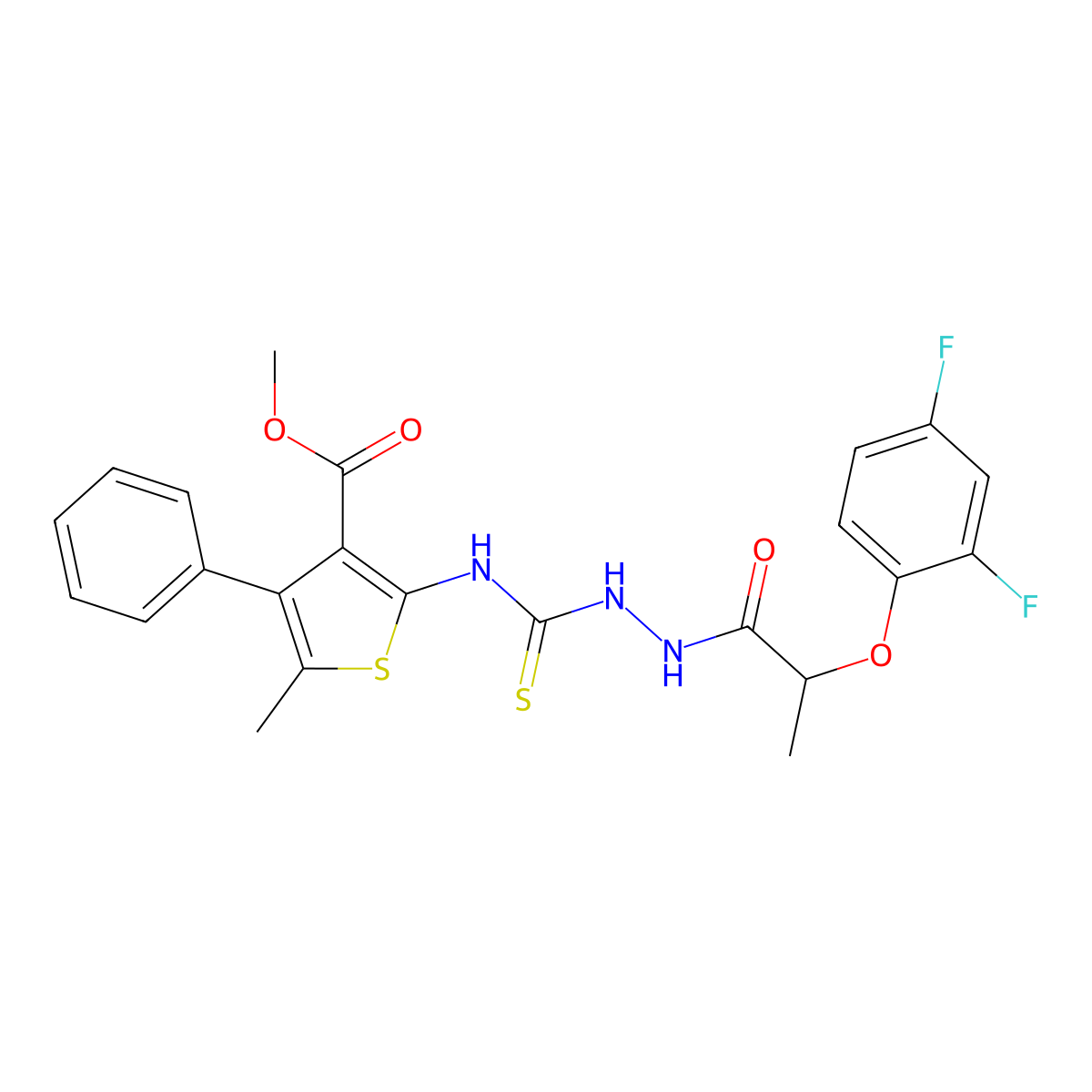 Methyl 2-[({2-[2-(2,4-difluorophenoxy)propanoyl]hydrazinyl}carbonothioyl)amino]-5-methyl-4-phenylthiophene-3-carboxylate molecular structure, CAS 588692-27-7