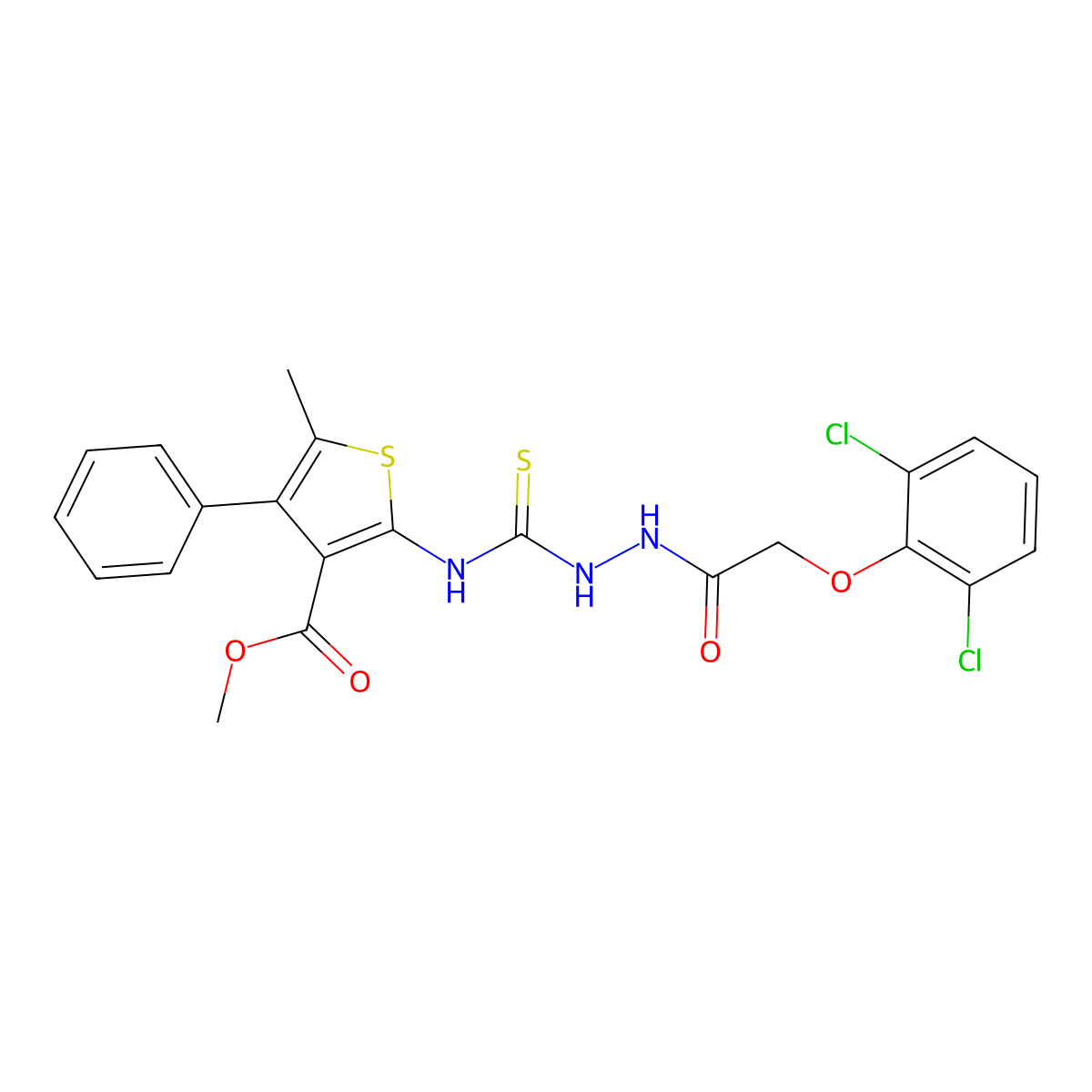 Methyl 2-(((2-(2-(2,6-dichlorophenoxy)acetyl)hydrazinyl)thioxomethyl)amino)-5-methyl-4-phenyl-3-thiophenecarboxylate molecular structure, CAS 588692-48-2