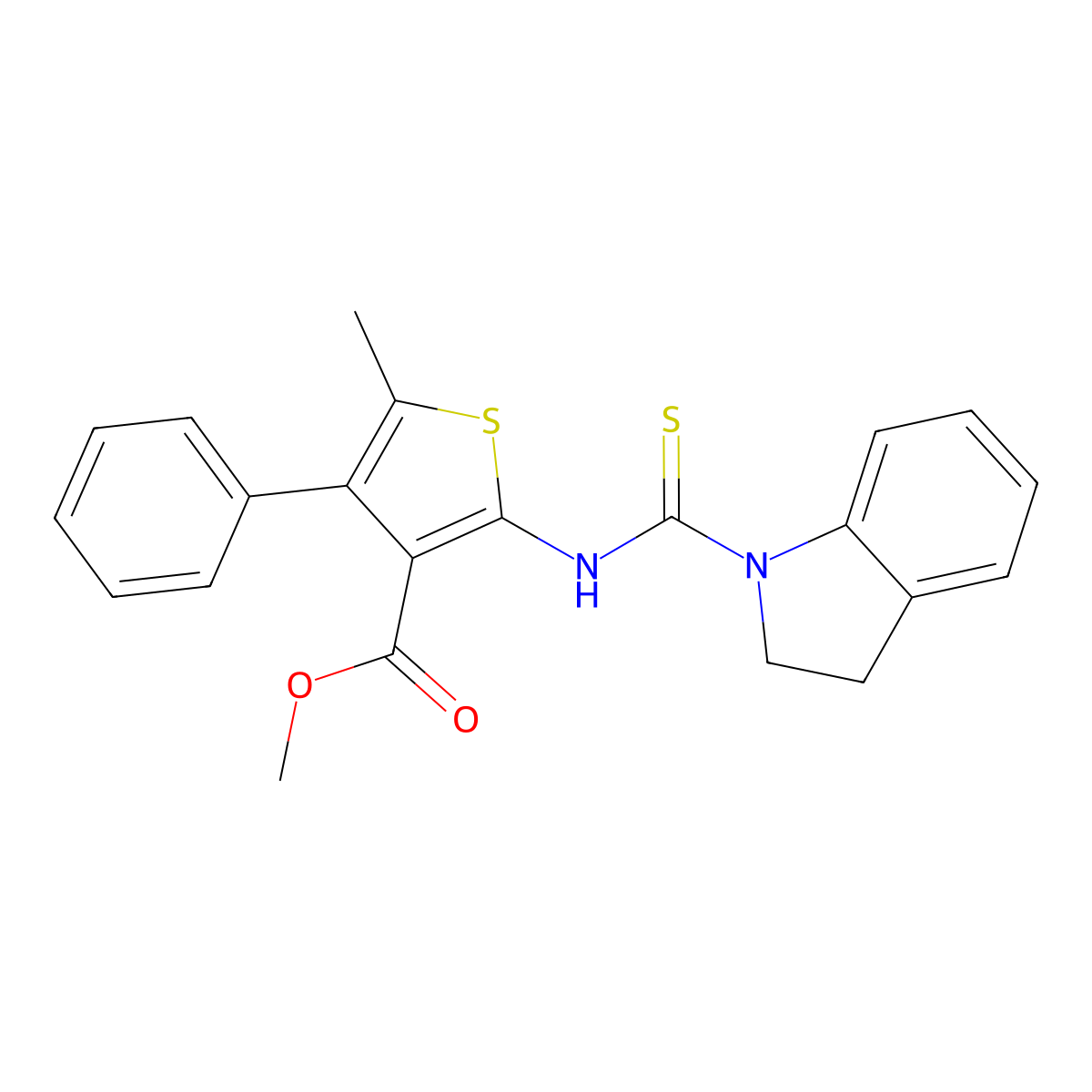 methyl 2-[(2,3-dihydro-1H-indol-1-ylcarbonothioyl)amino]-5-methyl-4-phenylthiophene-3-carboxylate molecular structure, CAS 588692-71-1
