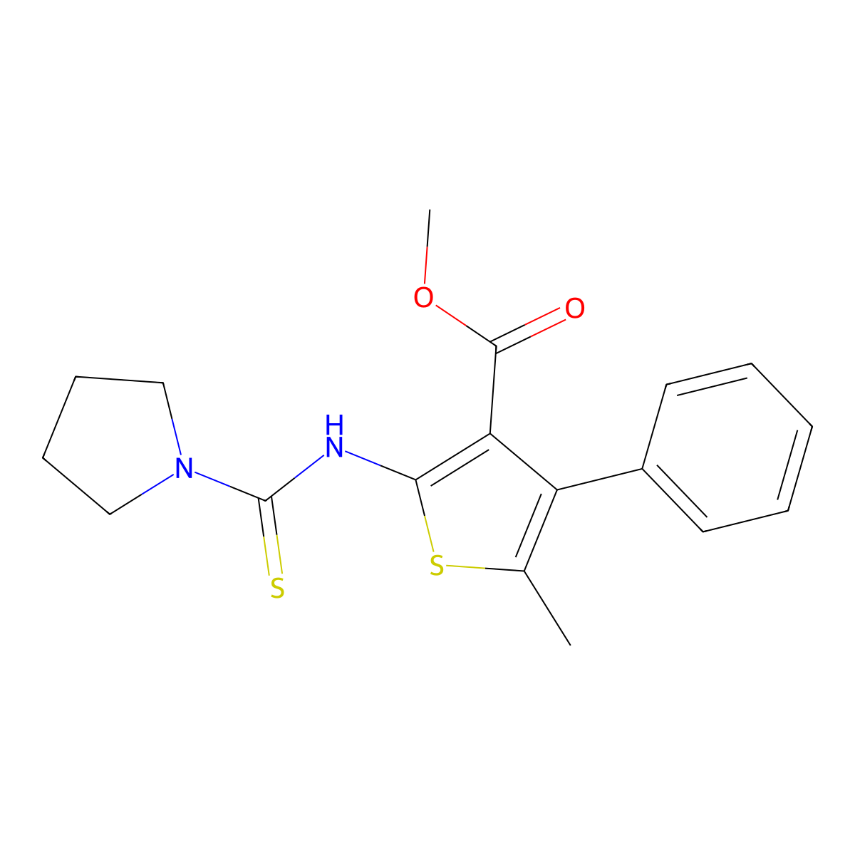 Methyl 5-methyl-4-phenyl-2-[(pyrrolidin-1-ylcarbonothioyl)amino]thiophene-3-carboxylate molecular structure, CAS 588692-76-6