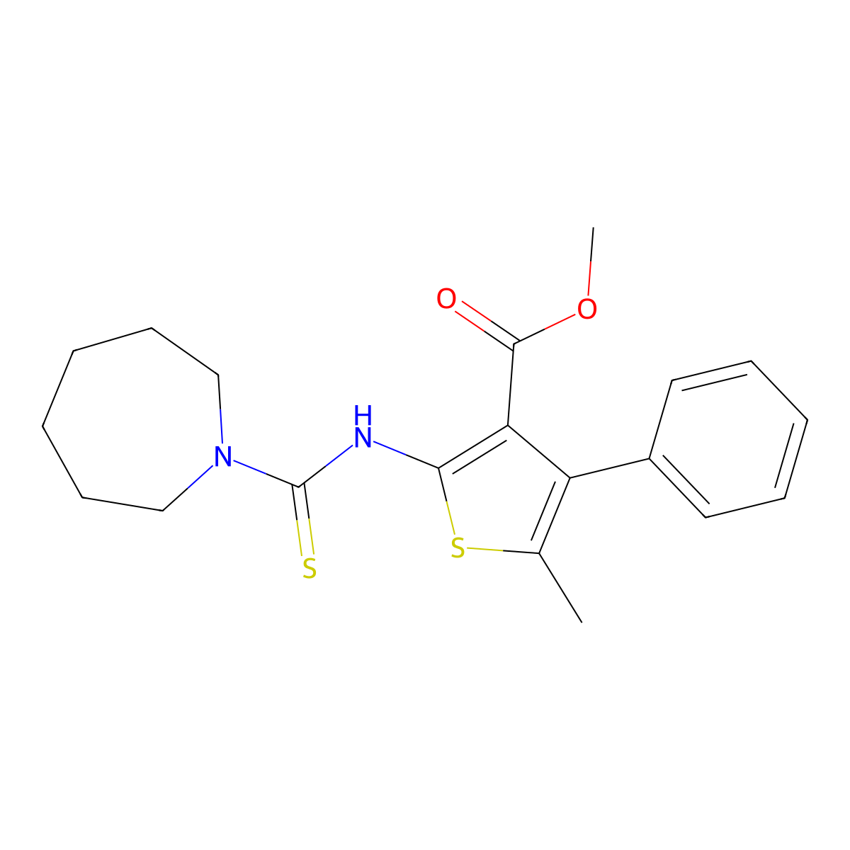 Methyl 2-[(azepan-1-ylcarbonothioyl)amino]-5-methyl-4-phenylthiophene-3-carboxylate molecular structure, CAS 588692-77-7