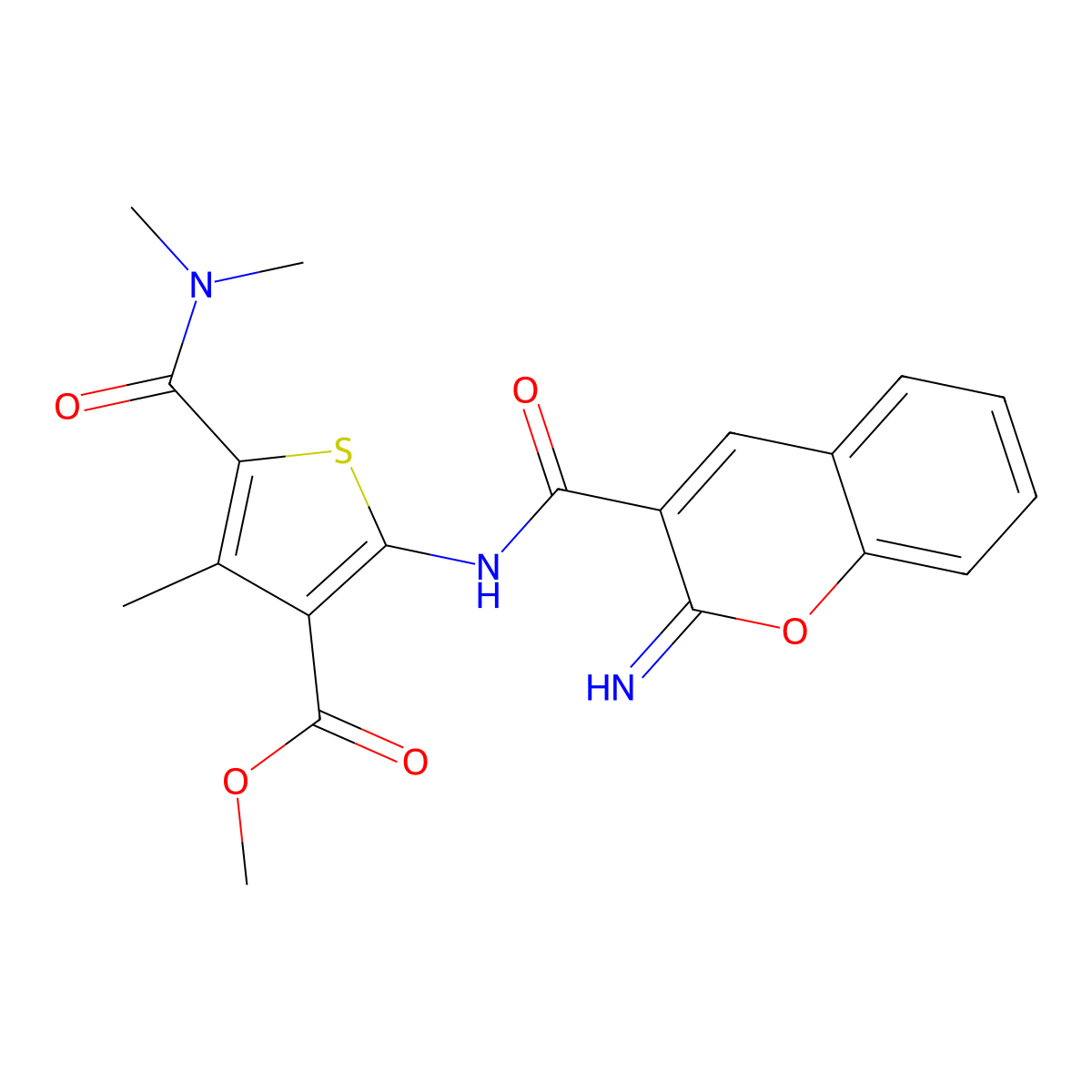 methyl 5-(dimethylcarbamoyl)-2-{[(2-imino-2H-chromen-3-yl)carbonyl]amino}-4-methylthiophene-3-carboxylate molecular structure, CAS 588692-95-9