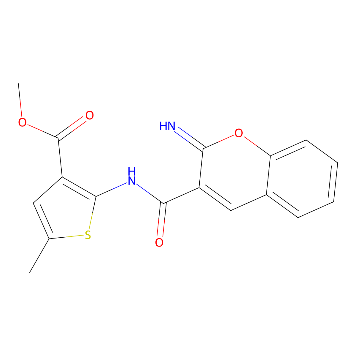 Methyl 2-[(2-iminochromen-3-yl)carbonylamino]-5-methylthiophene-3-carboxylate molecular structure, CAS 588693-03-2