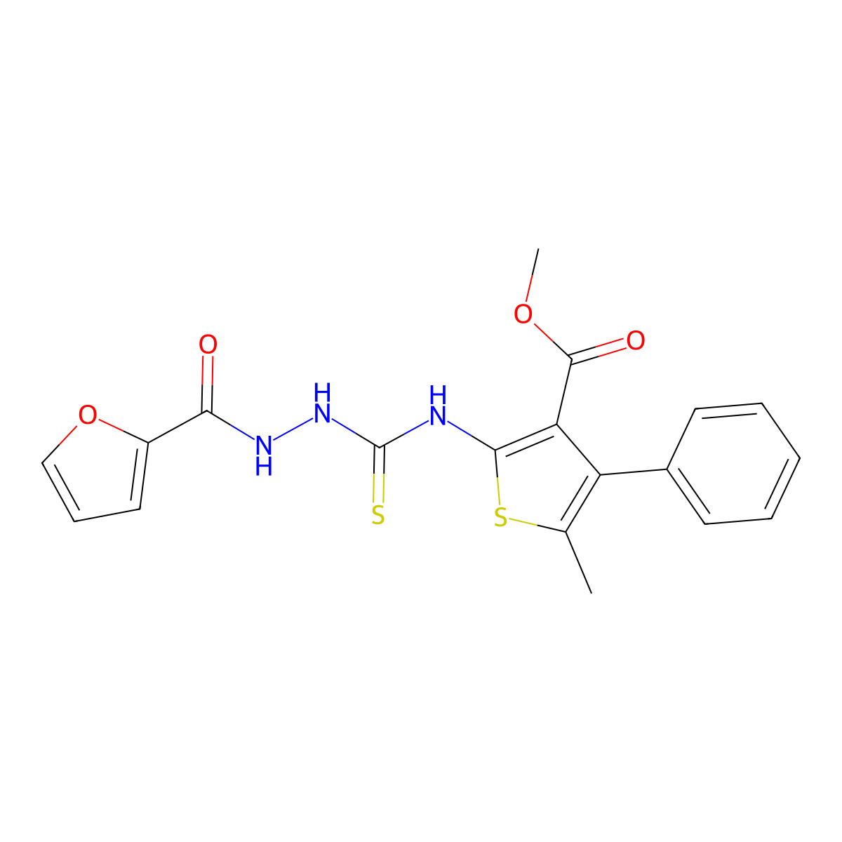Methyl 2-({[2-(furan-2-ylcarbonyl)hydrazinyl]carbonothioyl}amino)-5-methyl-4-phenylthiophene-3-carboxylate molecular structure, CAS 588693-06-5