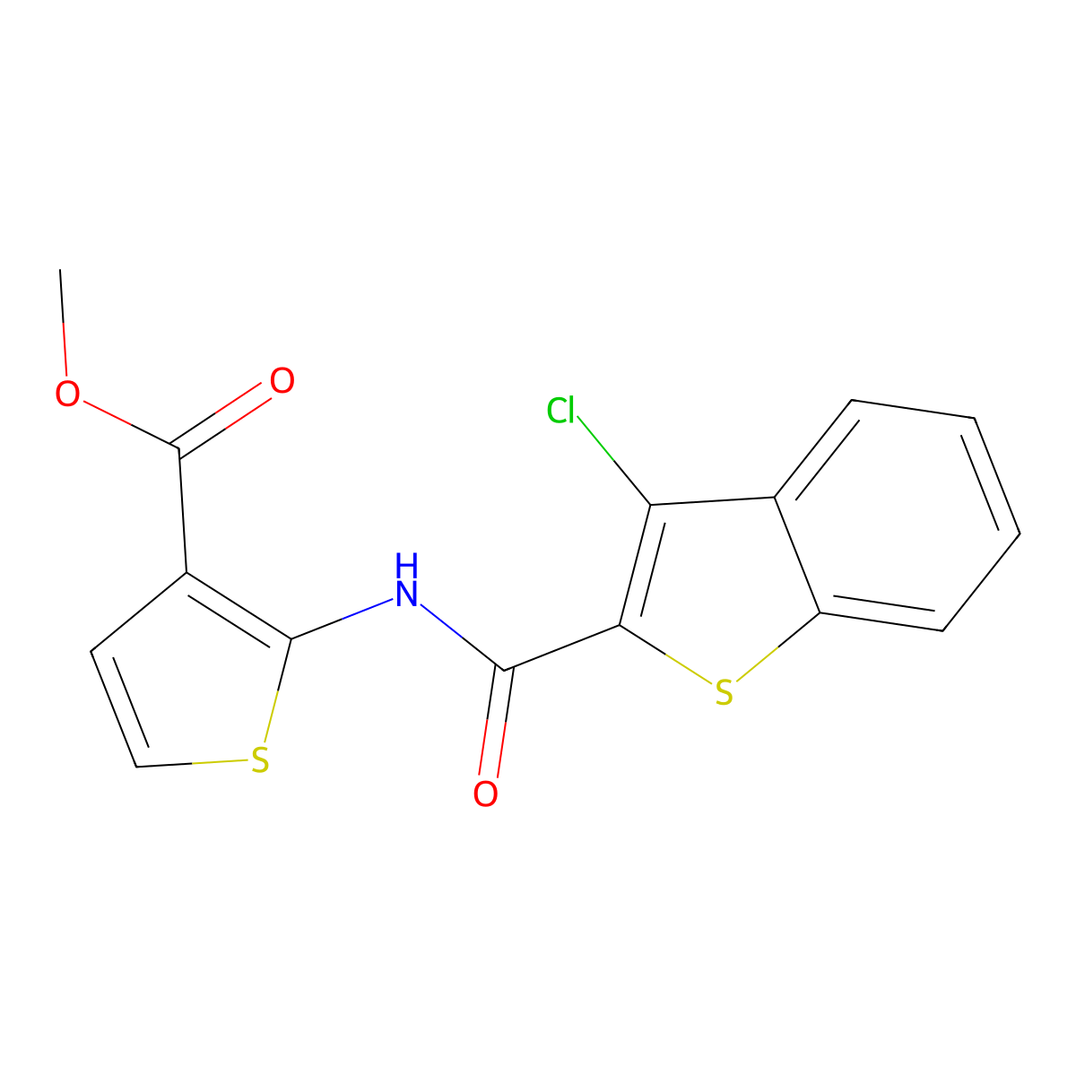 Methyl 2-[(3-chlorobenzo[b]thiophen-2-yl)carbonylamino]thiophene-3-carboxylate molecular structure, CAS 588693-18-9
