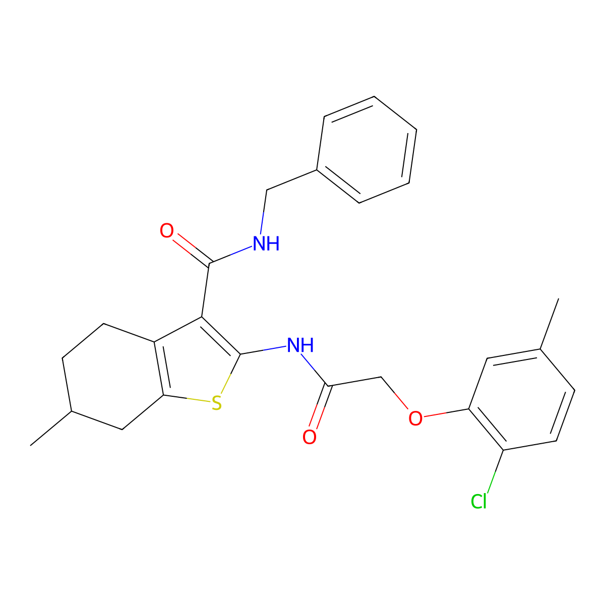 N-benzyl-2-{[(2-chloro-5-methylphenoxy)acetyl]amino}-6-methyl-4,5,6,7-tetrahydro-1-benzothiophene-3-carboxamide molecular structure, CAS 588693-36-1