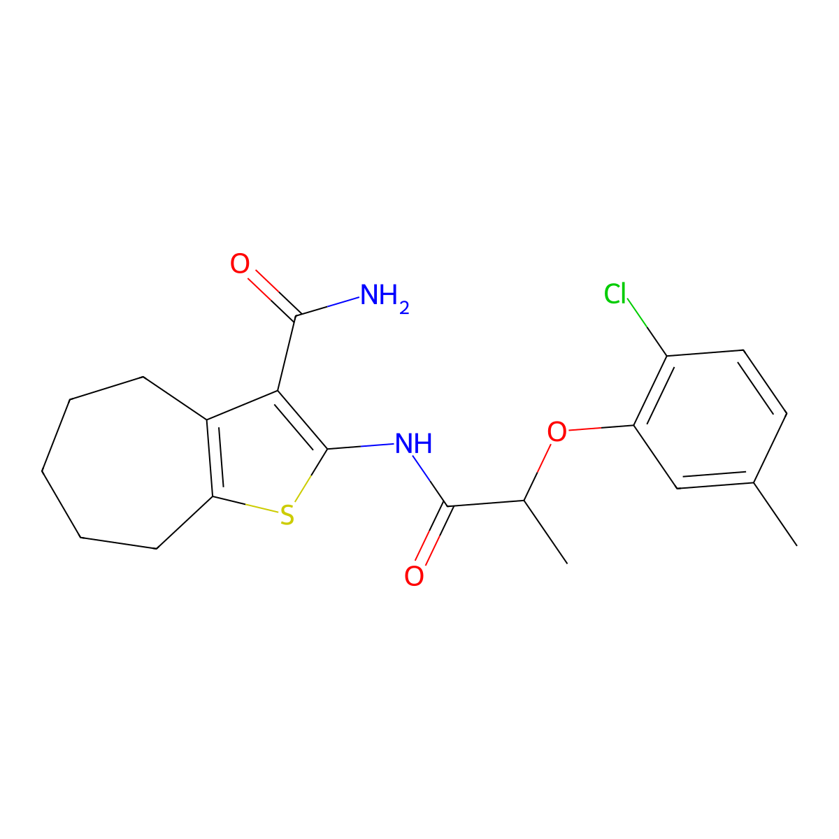 2-{[2-(2-chloro-5-methylphenoxy)propanoyl]amino}-5,6,7,8-tetrahydro-4H-cyclohepta[b]thiophene-3-carboxamide molecular structure, CAS 588693-58-7