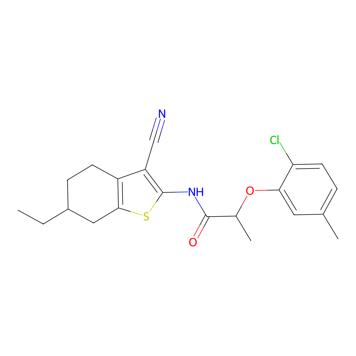 2-(2-chloro-5-methylphenoxy)-N-(3-cyano-6-ethyl-4,5,6,7-tetrahydro-1-benzothiophen-2-yl)propanamide molecular structure, CAS 588694-25-1