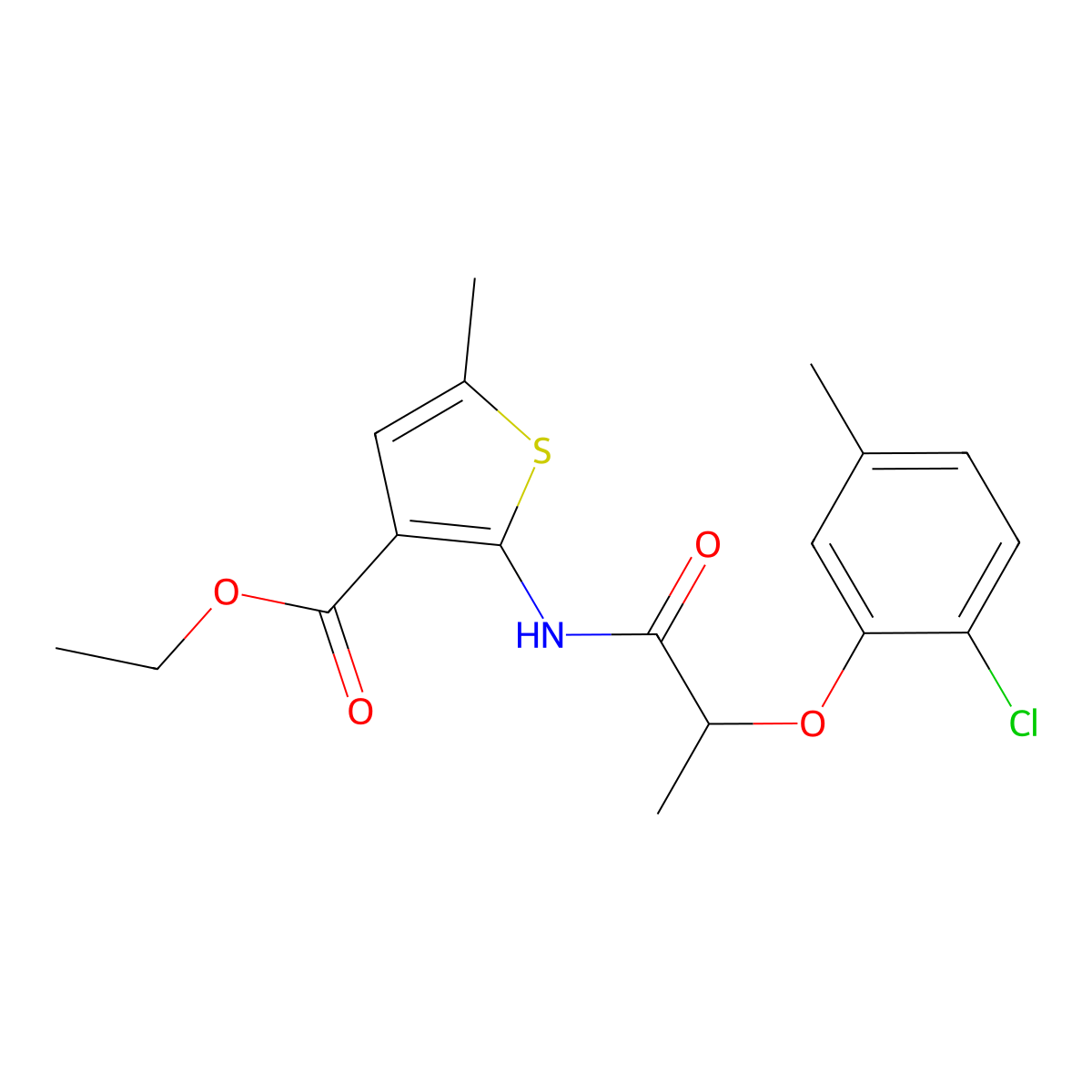 Ethyl 2-{[2-(2-chloro-5-methylphenoxy)propanoyl]amino}-5-methylthiophene-3-carboxylate molecular structure, CAS 588694-47-7