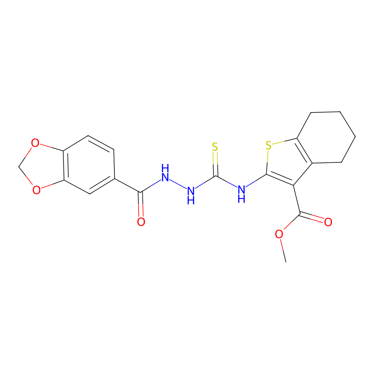 1,3-Benzodioxole-5-carboxylic acid, 2-[[[4,5,6,7-tetrahydro-3-(methoxycarbonyl)benzo[b]thien-2-yl]amino]thioxomethyl]hydrazide molecular structure, CAS 588695-60-7