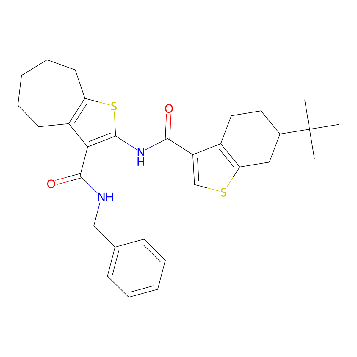 N-benzyl-2-[(6-tert-butyl-4,5,6,7-tetrahydro-1-benzothiophene-3-carbonyl)amino]-5,6,7,8-tetrahydro-4H-cyclohepta[b]thiophene-3-carboxamide molecular structure, CAS 588695-80-1