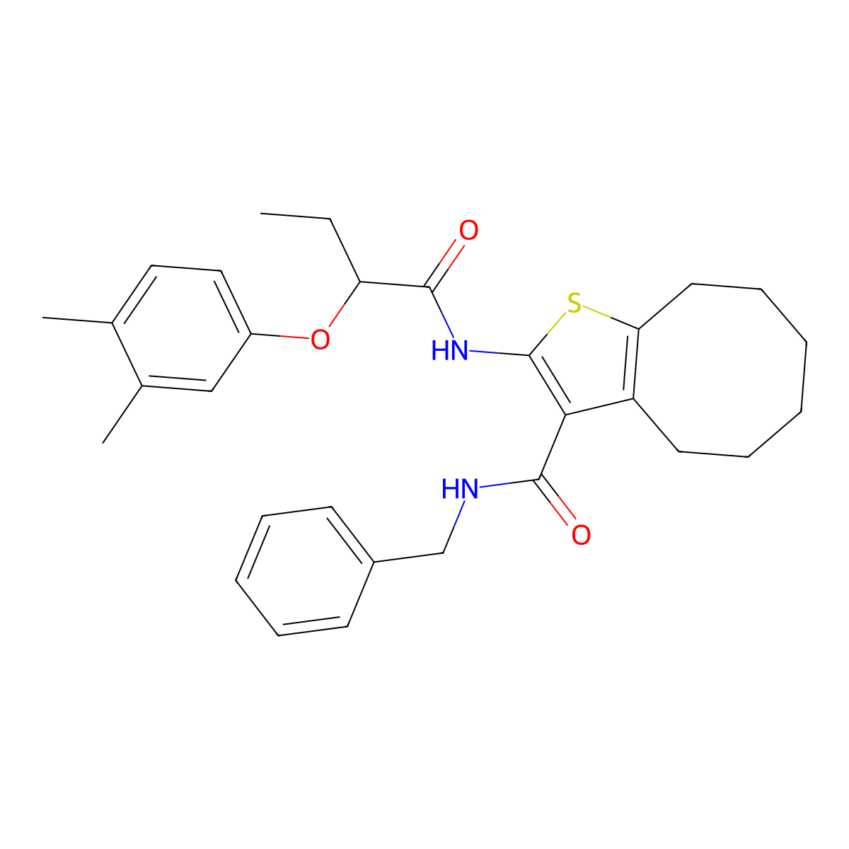 N-benzyl-2-[2-(3,4-dimethylphenoxy)butanoylamino]-4,5,6,7,8,9-hexahydrocycloocta[b]thiophene-3-carboxamide molecular structure, CAS 588695-84-5