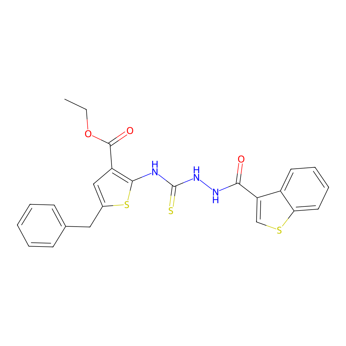 Ethyl 2-({[2-(1-benzothiophen-3-ylcarbonyl)hydrazinyl]carbonothioyl}amino)-5-benzylthiophene-3-carboxylate molecular structure, CAS 588696-64-4